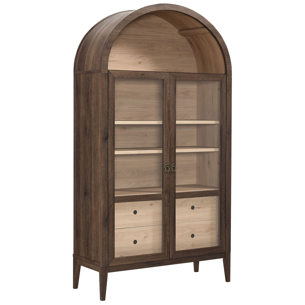 Tall wide walnut arch cabinet with light oak interior creating a warm two tone contrast || EEI-7168-WAL-LOA || front_angle_studio