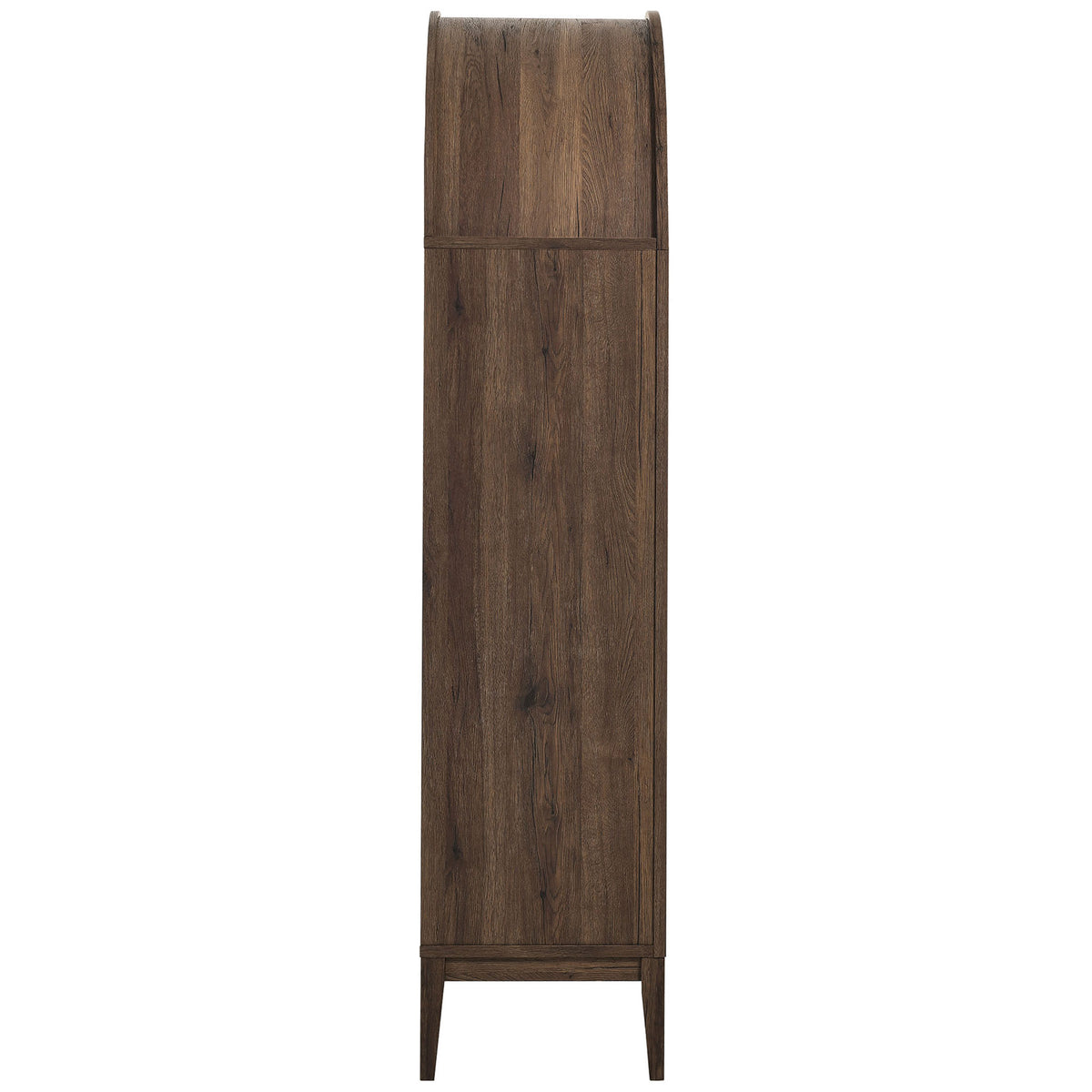 Narrow side profile of the wide walnut Nolan cabinet with softly curved arched top and tapered legs || EEI-7168-WAL-LOA || side_studio