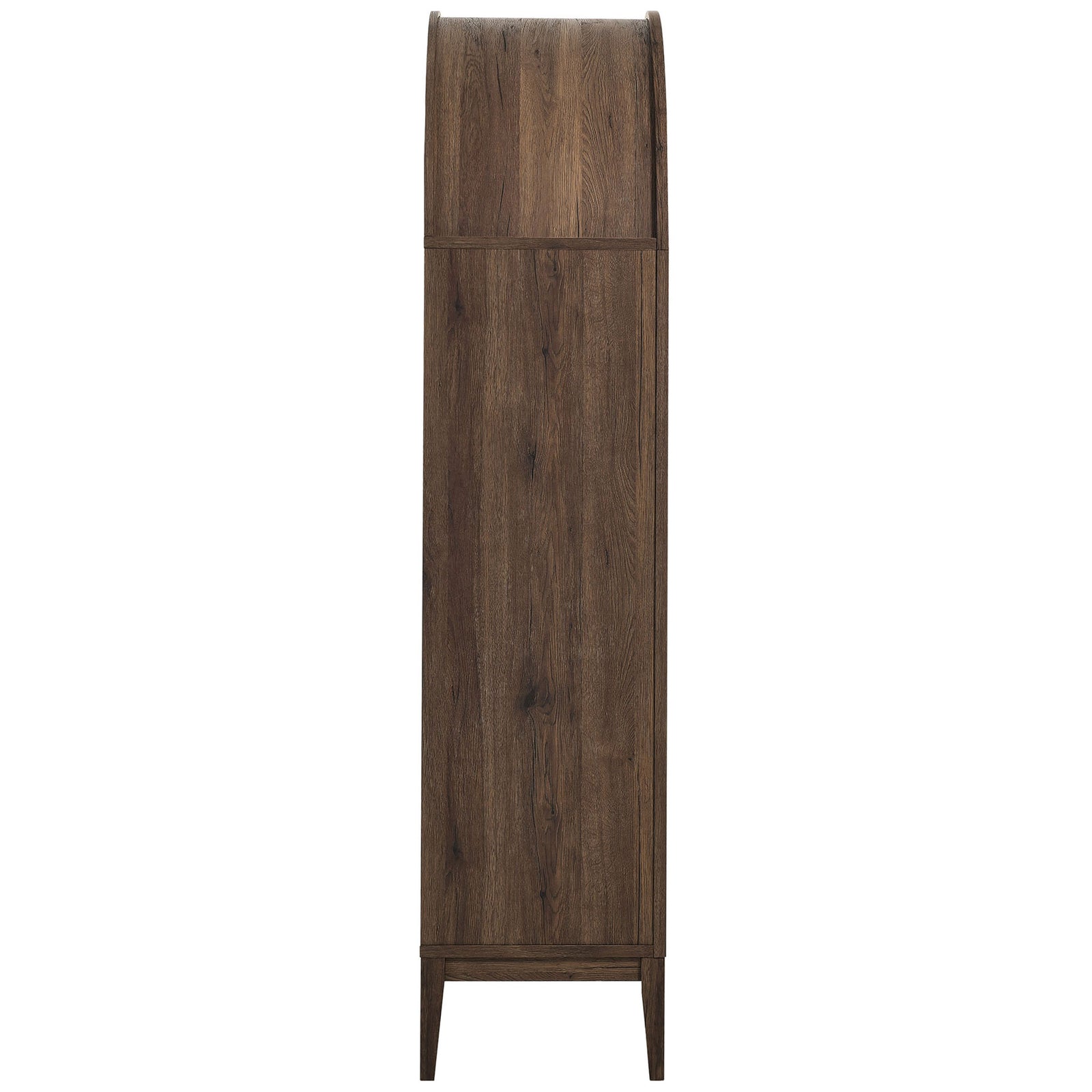 Narrow side profile of the wide walnut Nolan cabinet with softly curved arched top and tapered legs || EEI-7168-WAL-LOA || side_studio