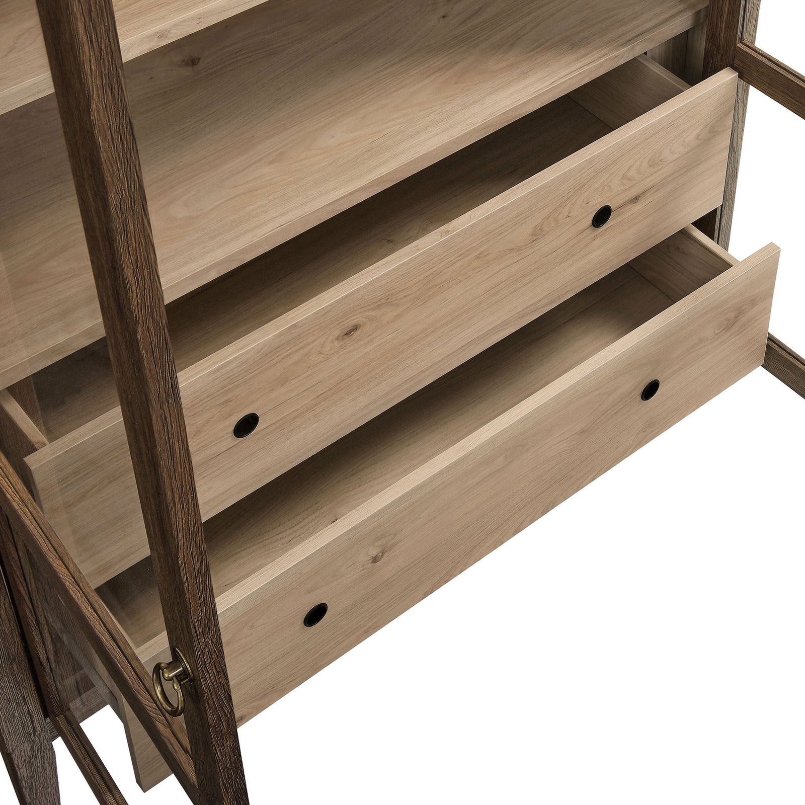 Full extension drawers in the walnut and light oak cabinet glide smoothly for easy storage access || EEI-7168-WAL-LOA || storage_open_studio