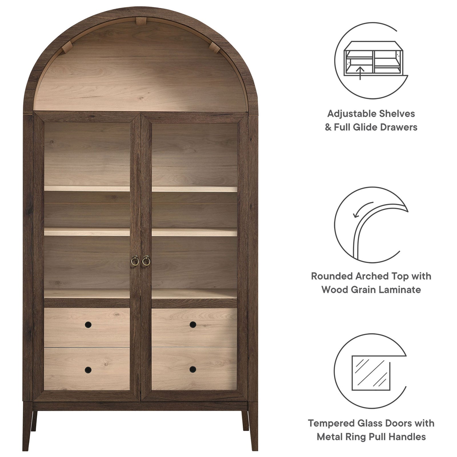 Key features of the walnut and light oak Nolan cabinet including tempered glass doors and drawers || EEI-7168-WAL-LOA || callout_studio