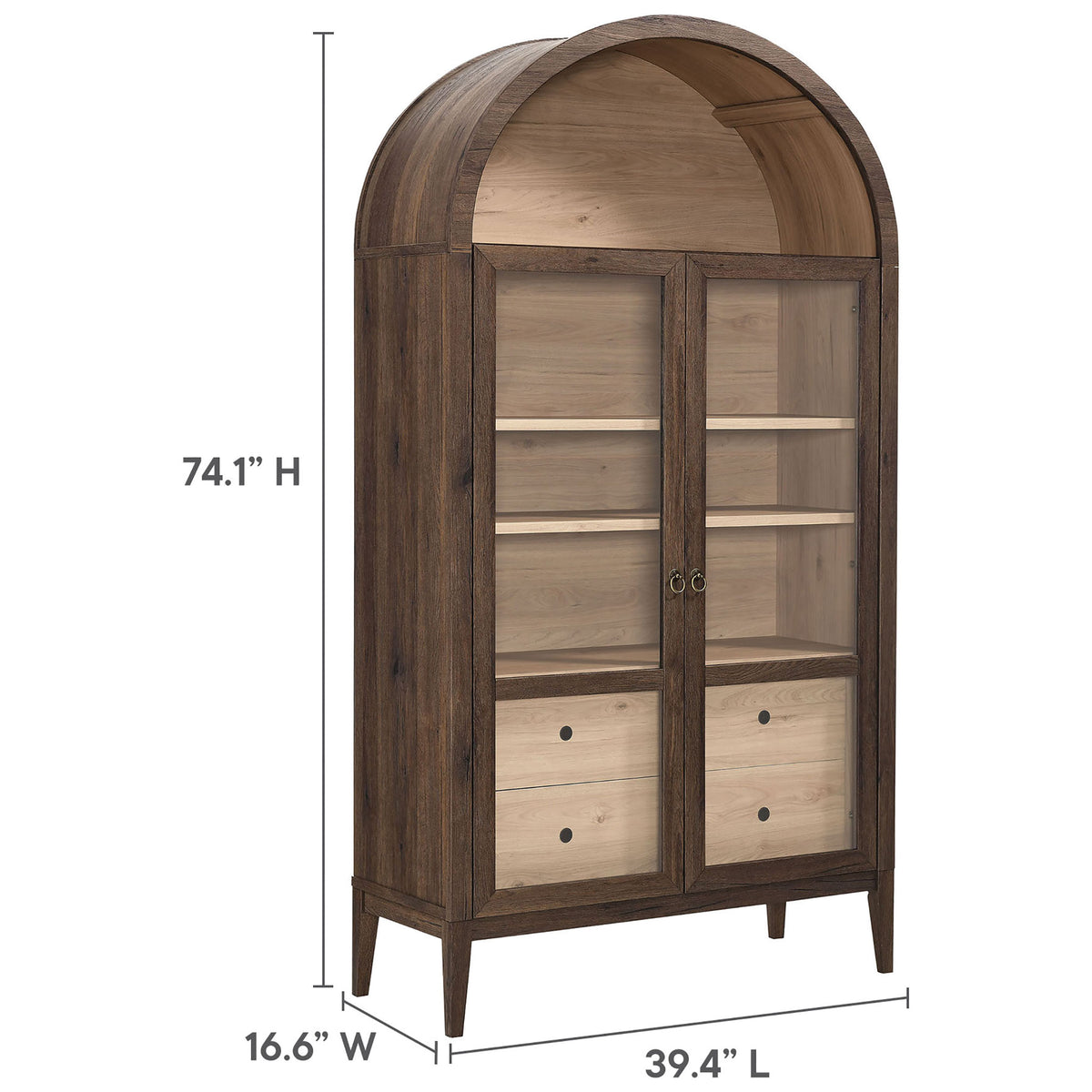 Walnut and light oak display cabinet measuring about 74 inches tall and 39 inches wide for ample storage || EEI-7168-WAL-LOA || dimension_studio