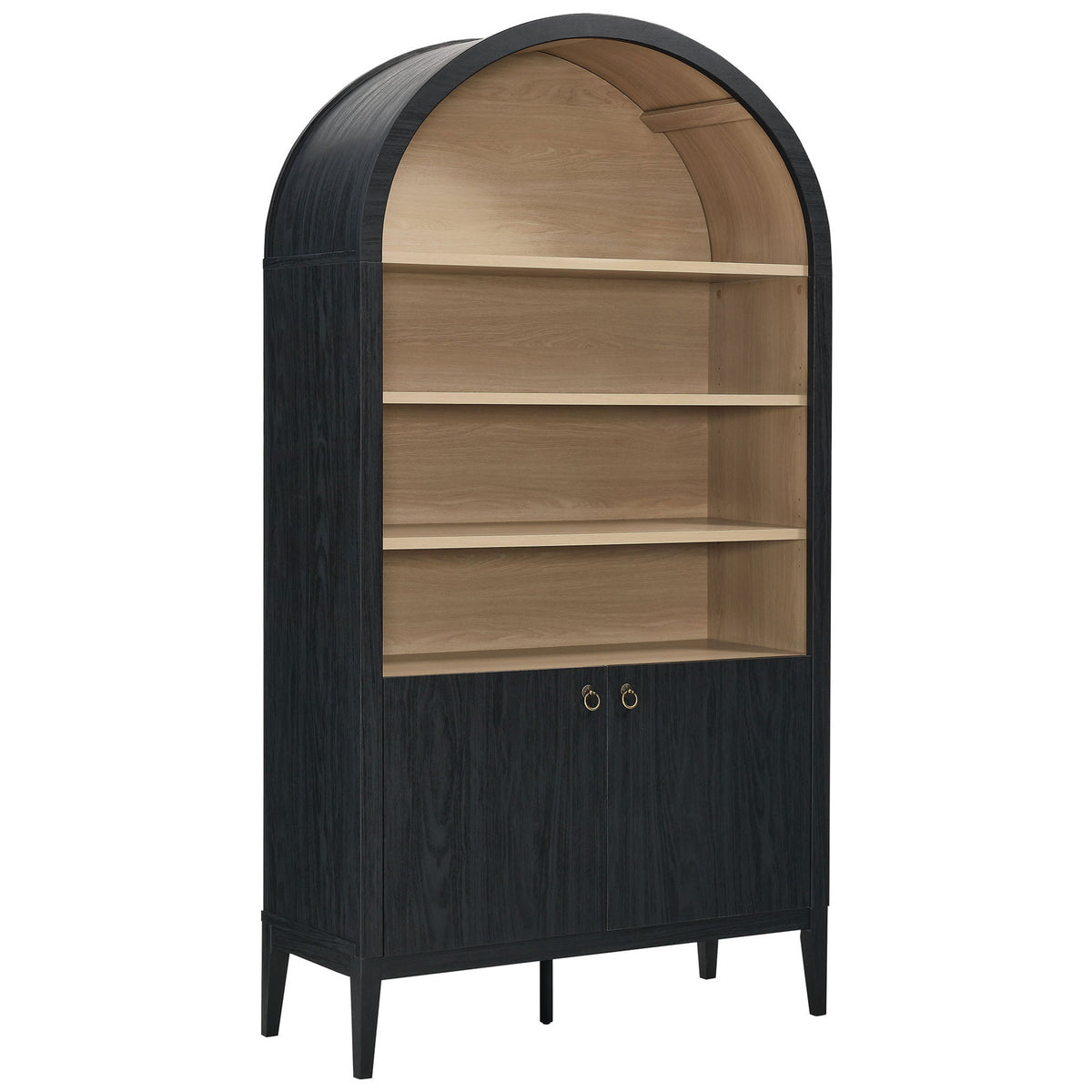 Arched black oak cabinet with light wood shelves and brass ring pulls || EEI-7169-BLK-OAK || front_angle_studio