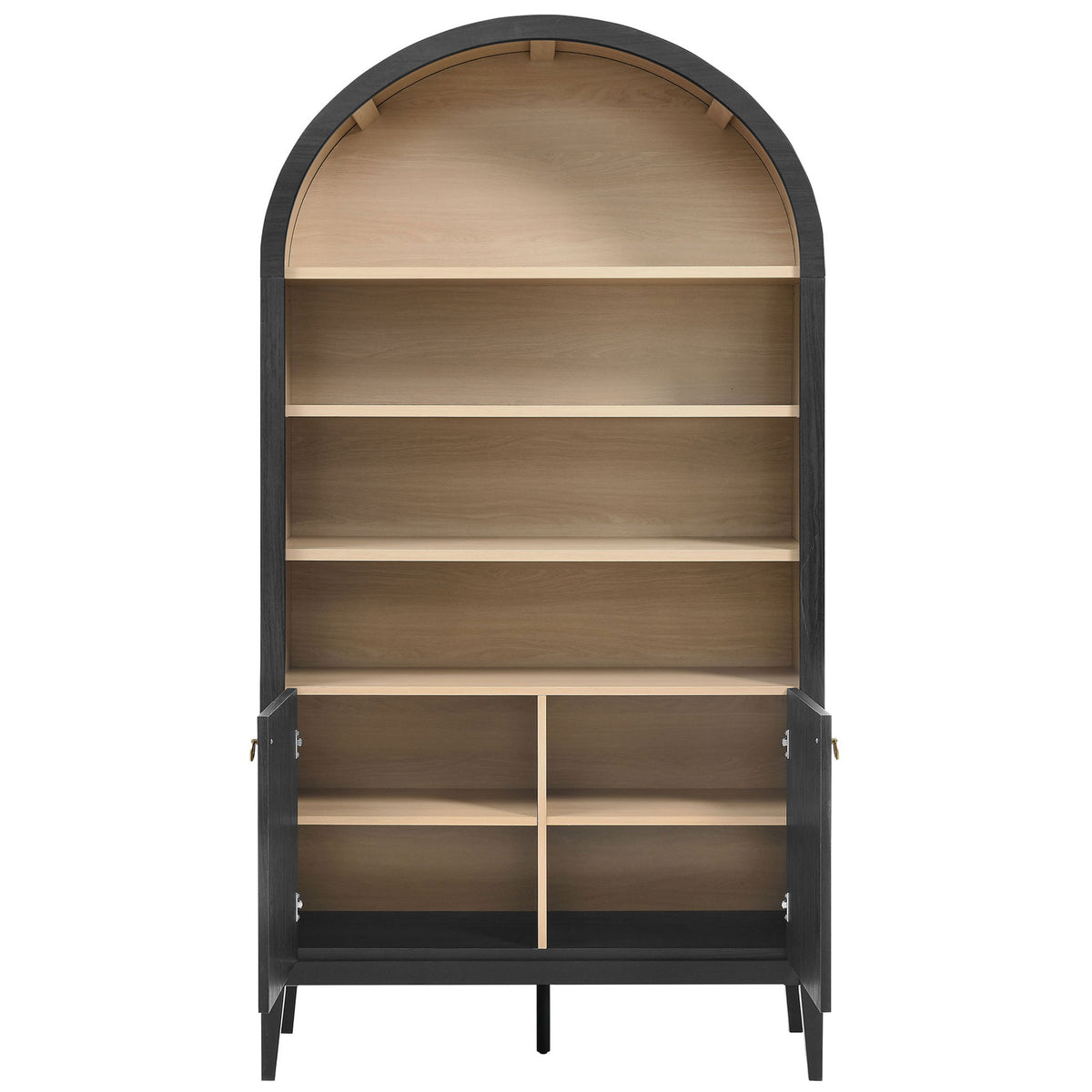 Open doors reveal adjustable shelves and four storage compartments || EEI-7169-BLK-OAK || front_open_studio