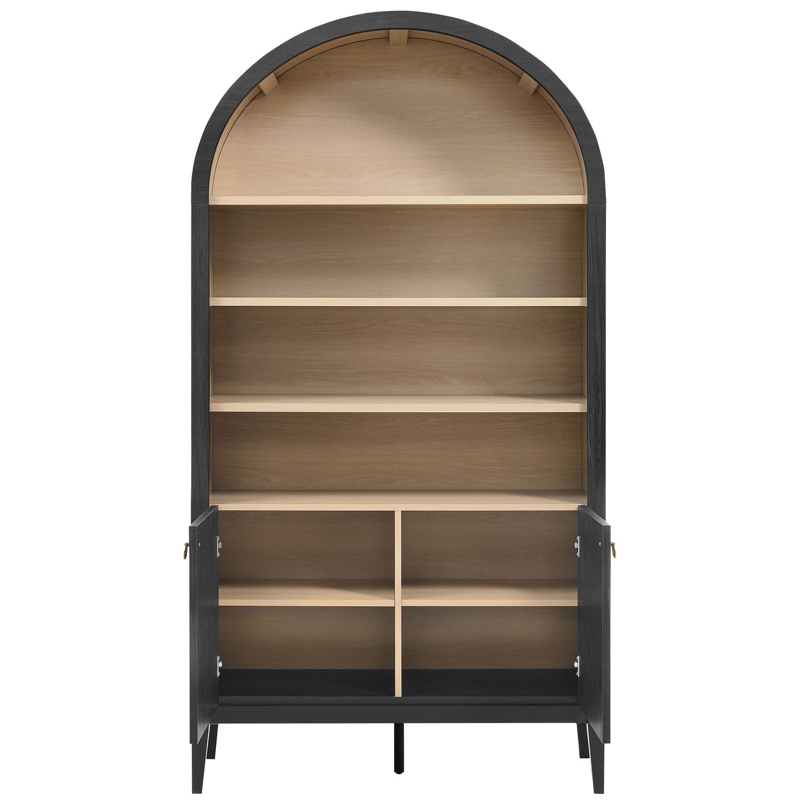 Open doors reveal adjustable shelves and four storage compartments || EEI-7169-BLK-OAK || front_open_studio