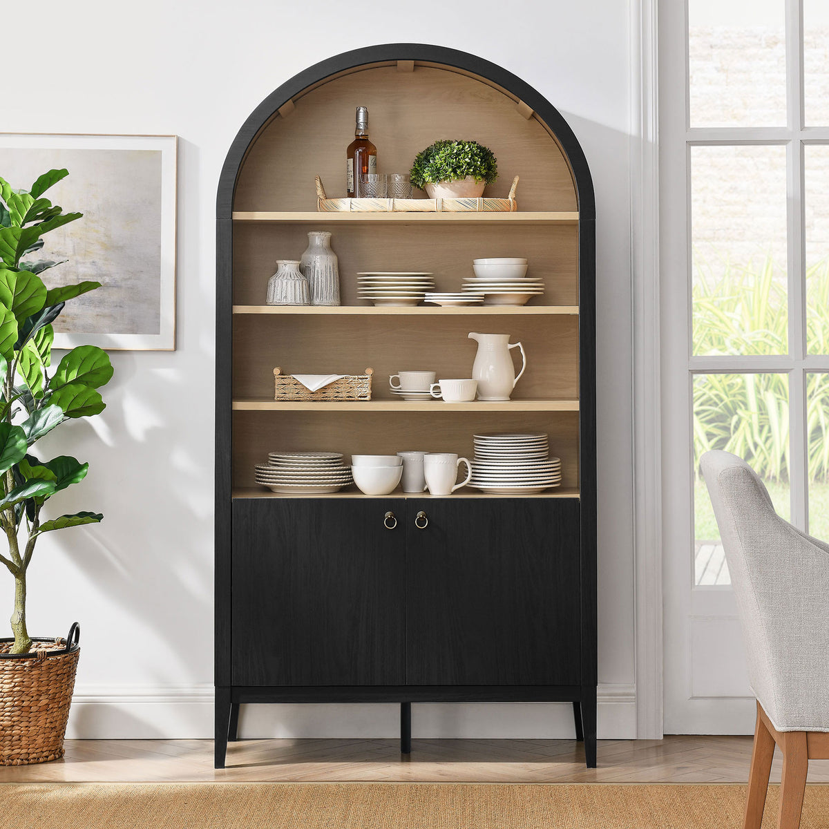 Versatile display cabinet organizes dinnerware and decor with open shelves and concealed storage || EEI-7169-BLK-OAK || front_room