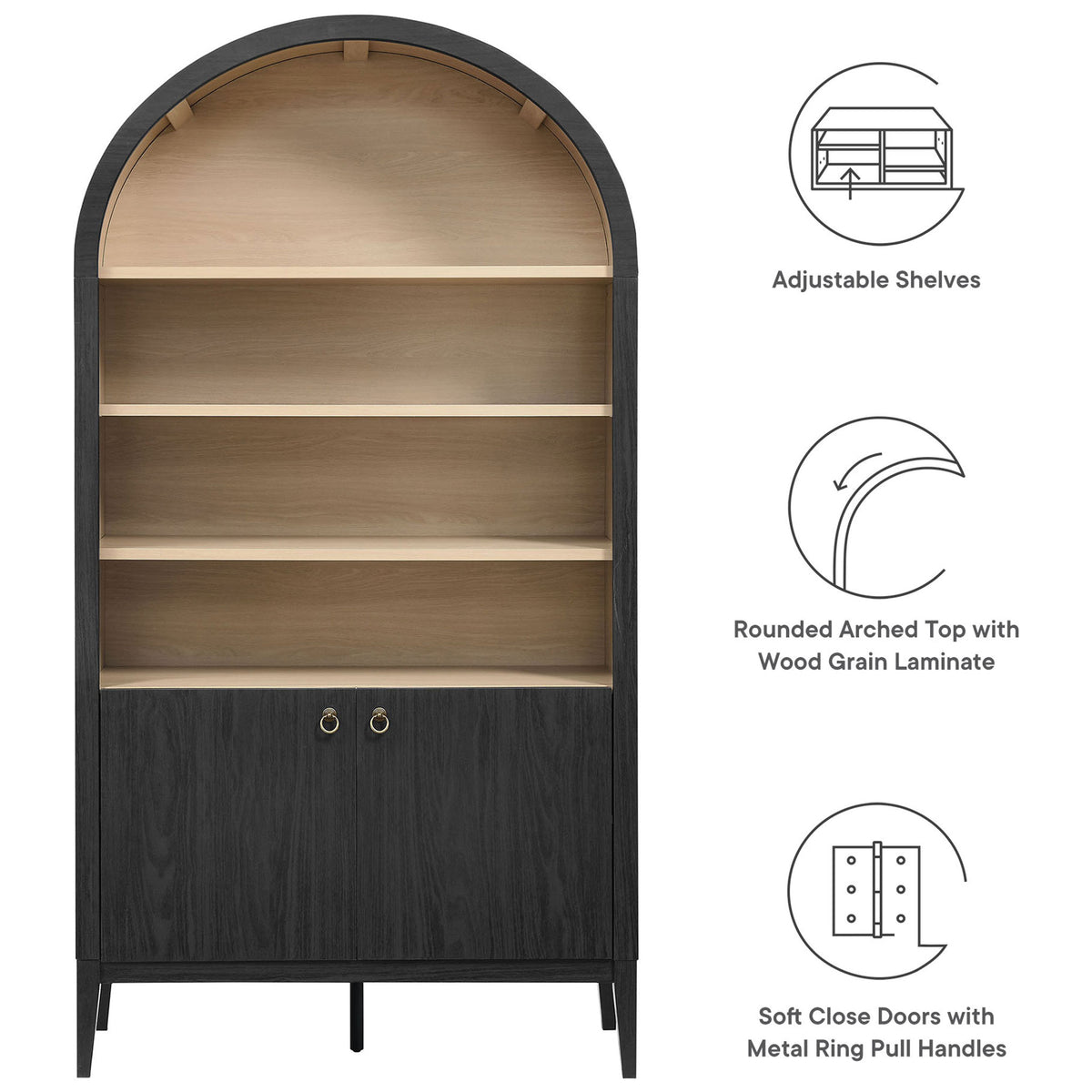 Feature highlights show adjustable shelves, arched top, and soft-close doors with ring pulls || EEI-7169-BLK-OAK || callout_studio