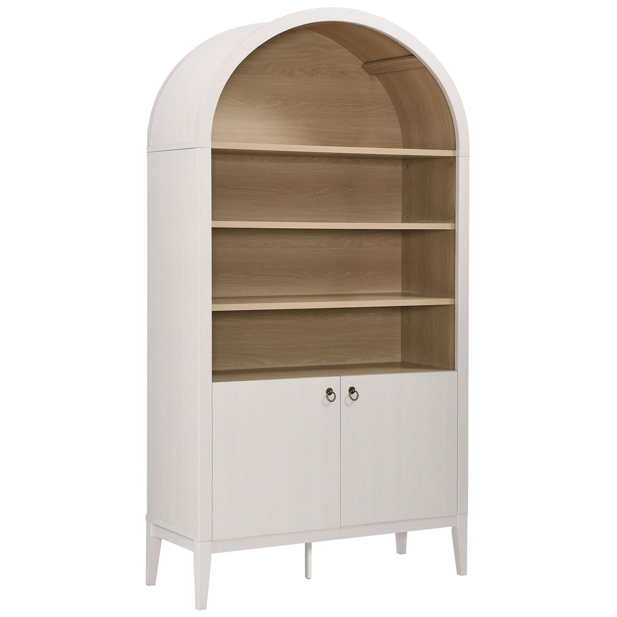 Arched ivory oak cabinet with open shelves and two-door base on tapered legs || EEI-7169-IVO-OAK || front_angle_studio