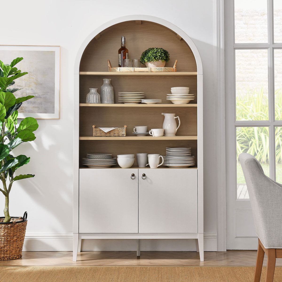 Versatile shelving and concealed base organize dinnerware and decor in an airy, modern style || EEI-7169-IVO-OAK || front_room