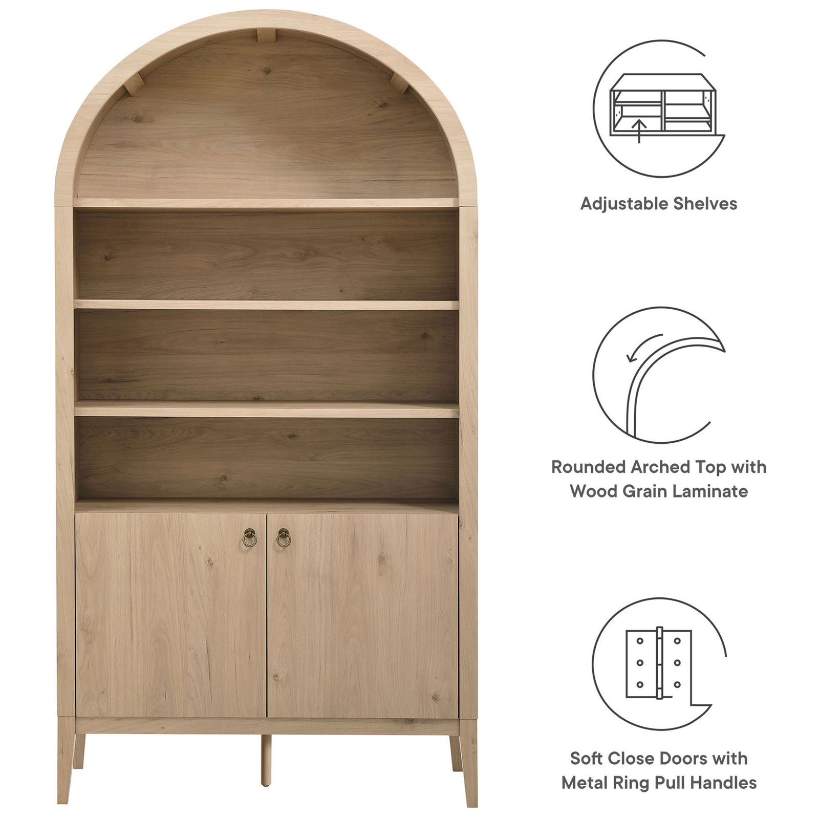 Feature callouts show adjustable shelves, rounded arched top, and soft-close doors || EEI-7169-LOA || callout_studio