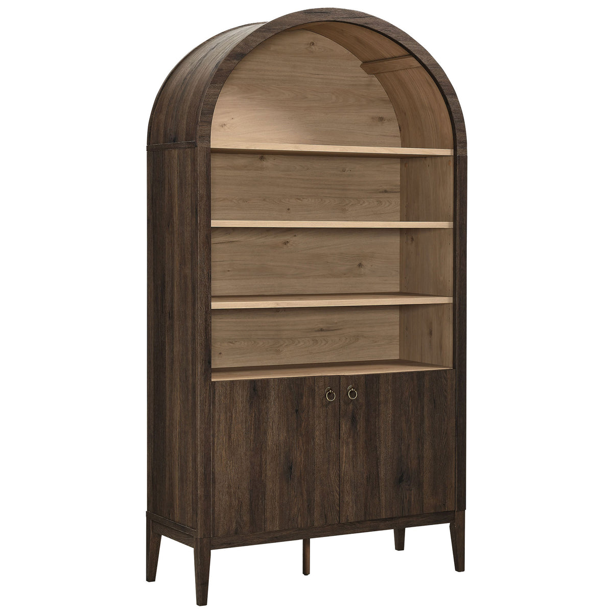 Arched dark walnut cabinet with open shelves and tapered legs, finished with brass ring pulls || EEI-7169-WAL-LOA || front_angle_studio