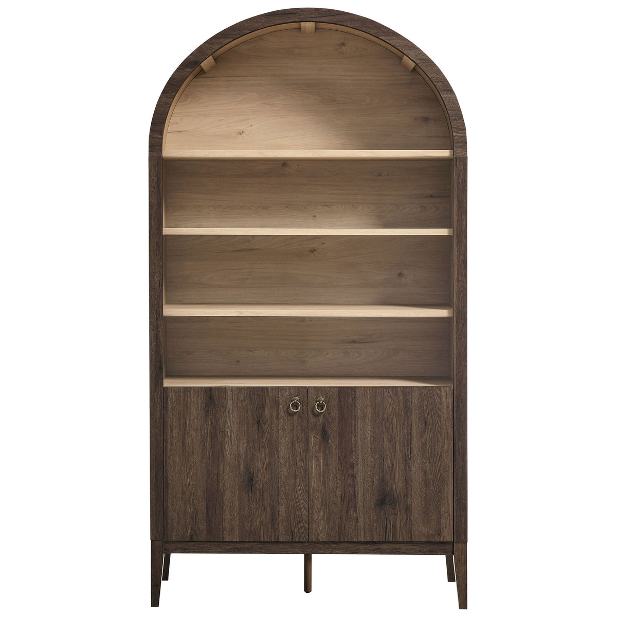 Wide arched bookshelf with three open shelves and a two-door base in dark walnut || EEI-7169-WAL-LOA || front_studio