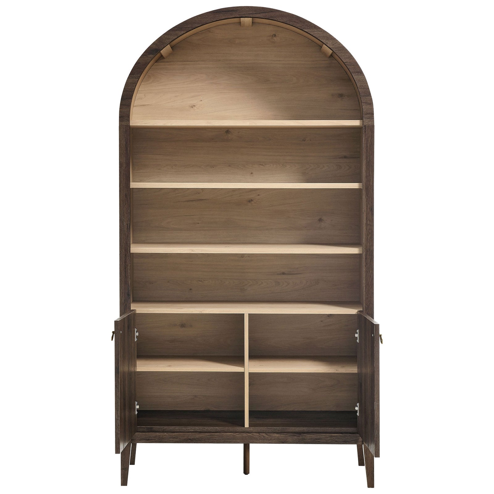 Lower cabinet doors open to reveal adjustable shelves for flexible concealed storage || EEI-7169-WAL-LOA || front_open_studio