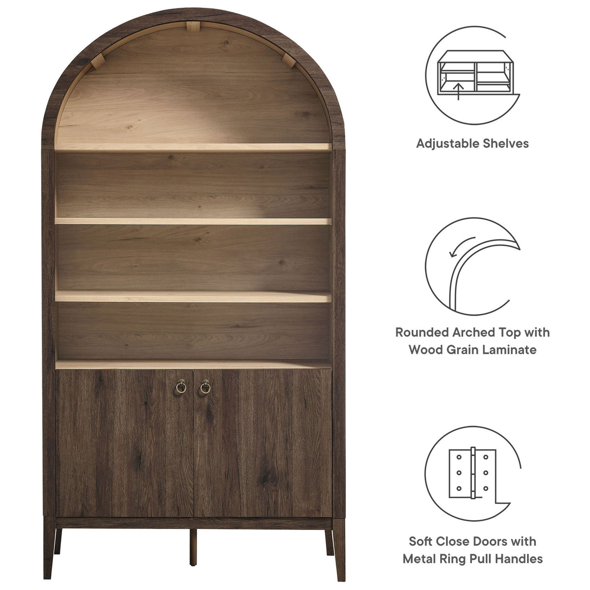Highlights include adjustable shelves, an arched top, and soft-close doors with ring pulls || EEI-7169-WAL-LOA || callout_studio