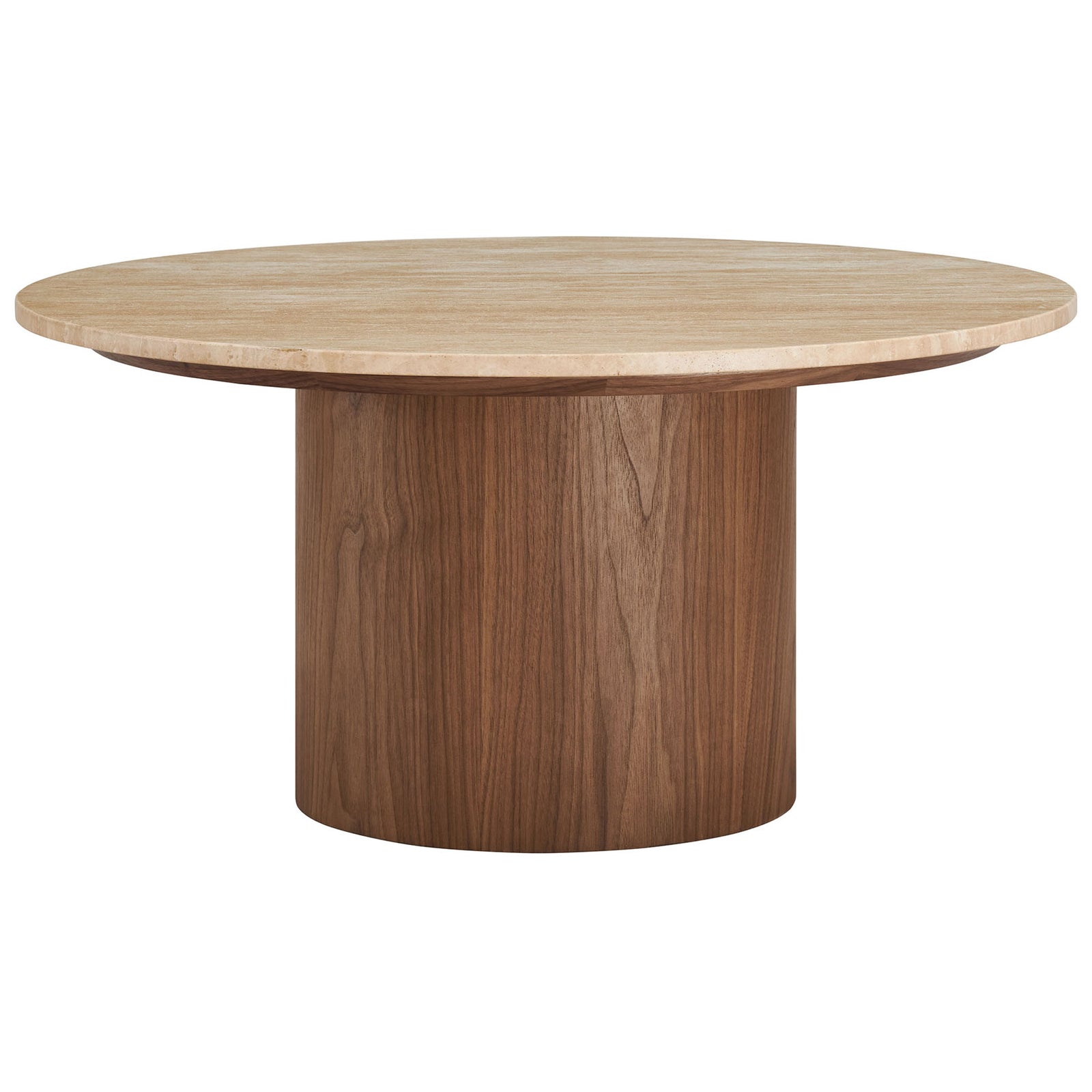 Round travertine coffee table with warm walnut pedestal base and a clean, low-profile silhouette || EEI-7170-WAL-TRV || front_studio