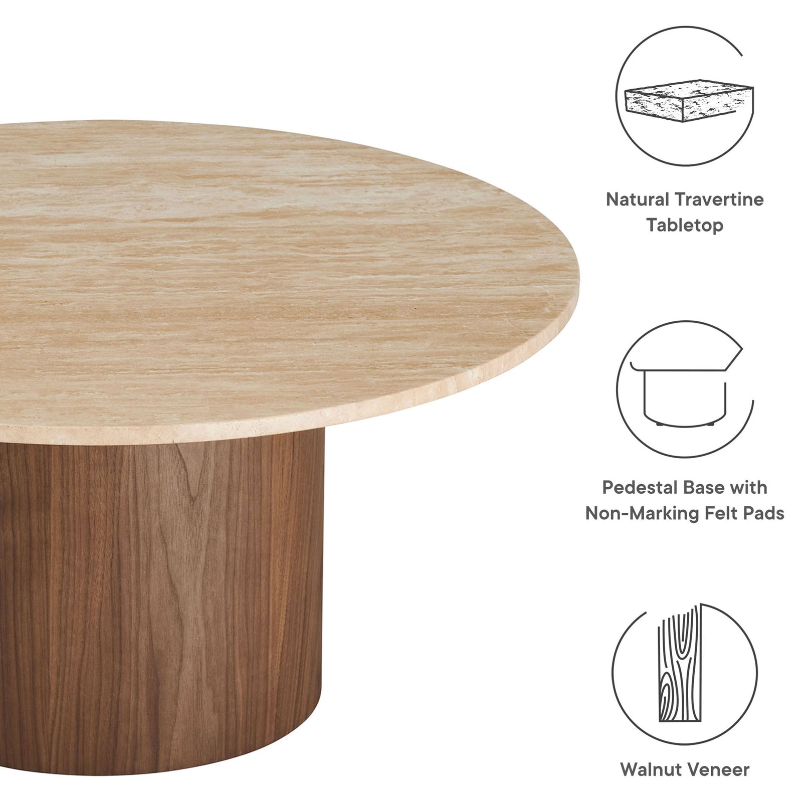 Natural travertine top and walnut veneer pedestal deliver minimalist, material-forward design || EEI-7170-WAL-TRV || callout_studio