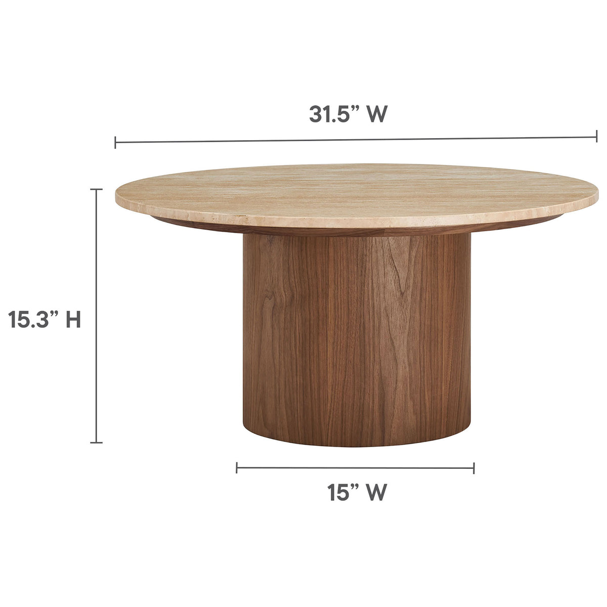 31.5 inch round coffee table with a low 15.4 inch profile and sturdy walnut pedestal base || EEI-7170-WAL-TRV || dimension_studio