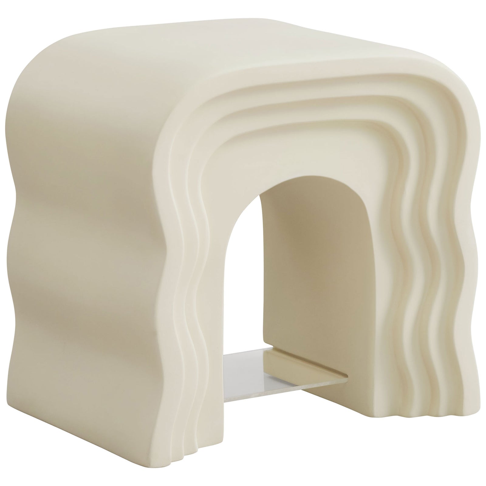 Ivory squiggle side table with sculpted wavy sides and a clear acrylic shelf under the arched opening || EEI-7171-IVO || front_angle_studio