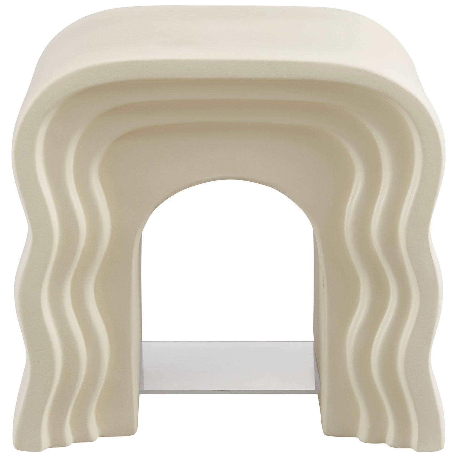 Ivory squiggle side table featuring a bold arched opening and acrylic shelf for decor or storage || EEI-7171-IVO || front_studio