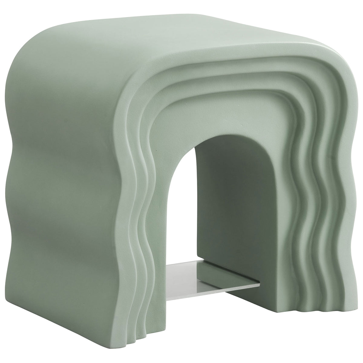 Curved faux stone side table in sage green with sculpted waves and a movable clear acrylic shelf || EEI-7171-SGE || front_angle_studio