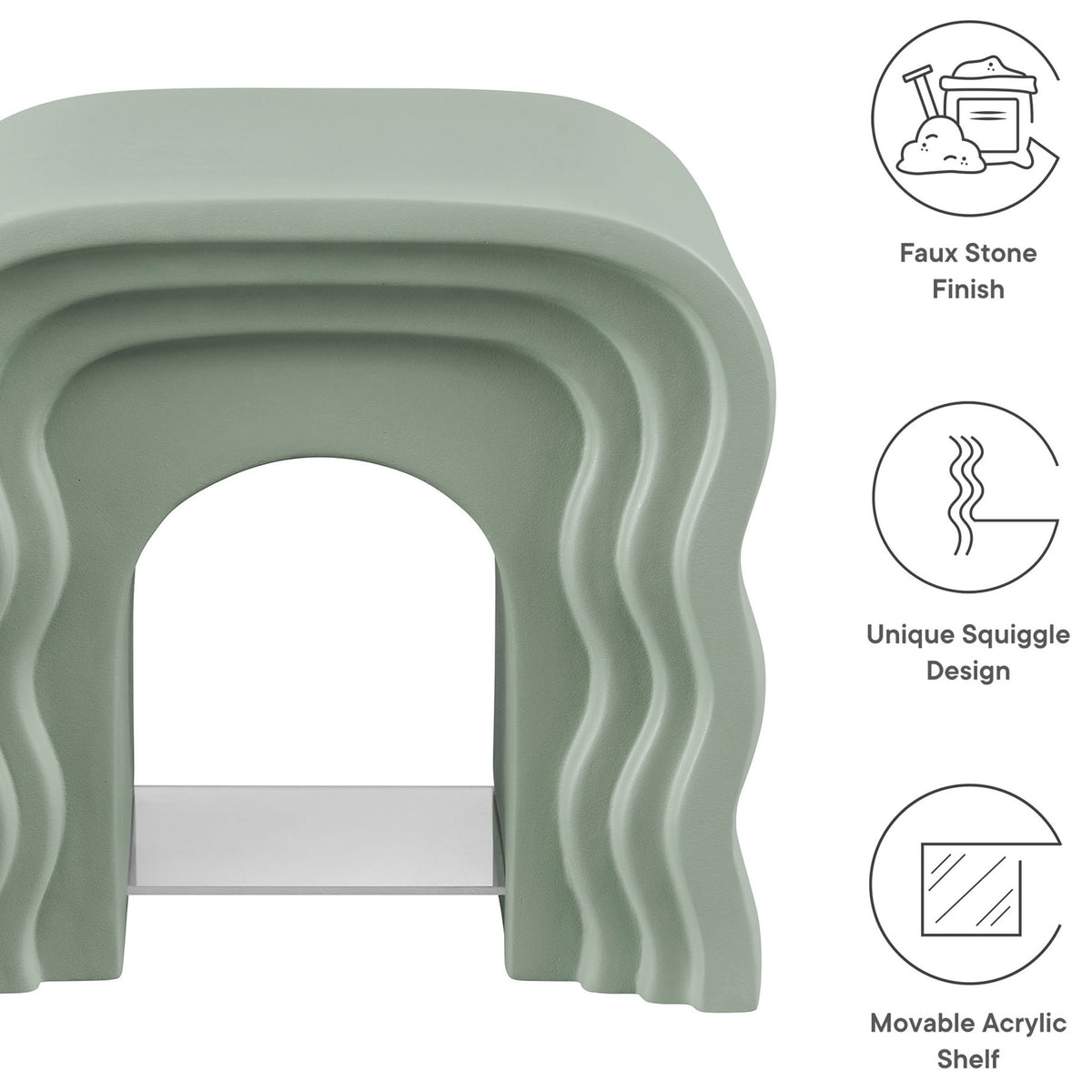 Faux stone finish, unique squiggle design, and movable acrylic shelf featured on this sage side table || EEI-7171-SGE || callout_studio