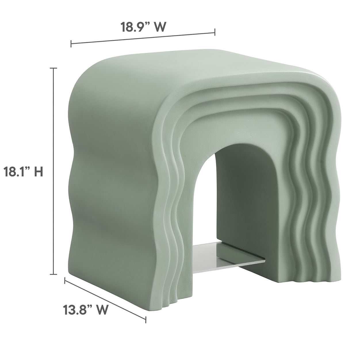 Dimensions of the sage squiggle side table showing 18.9 inch width, 18.1 inch height, and 13.8 inch depth || EEI-7171-SGE || dimension_studio