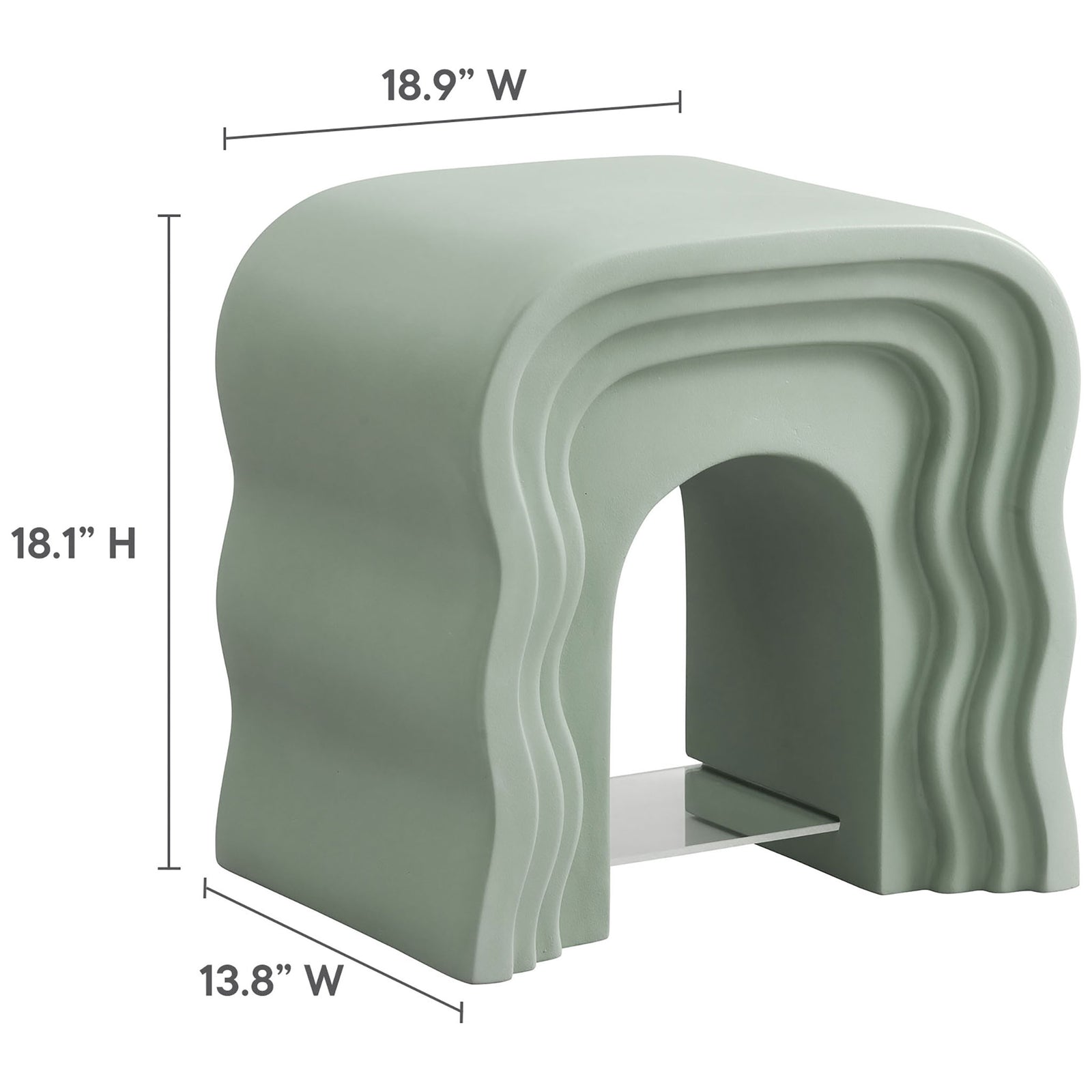 Dimensions of the sage squiggle side table showing 18.9 inch width, 18.1 inch height, and 13.8 inch depth || EEI-7171-SGE || dimension_studio