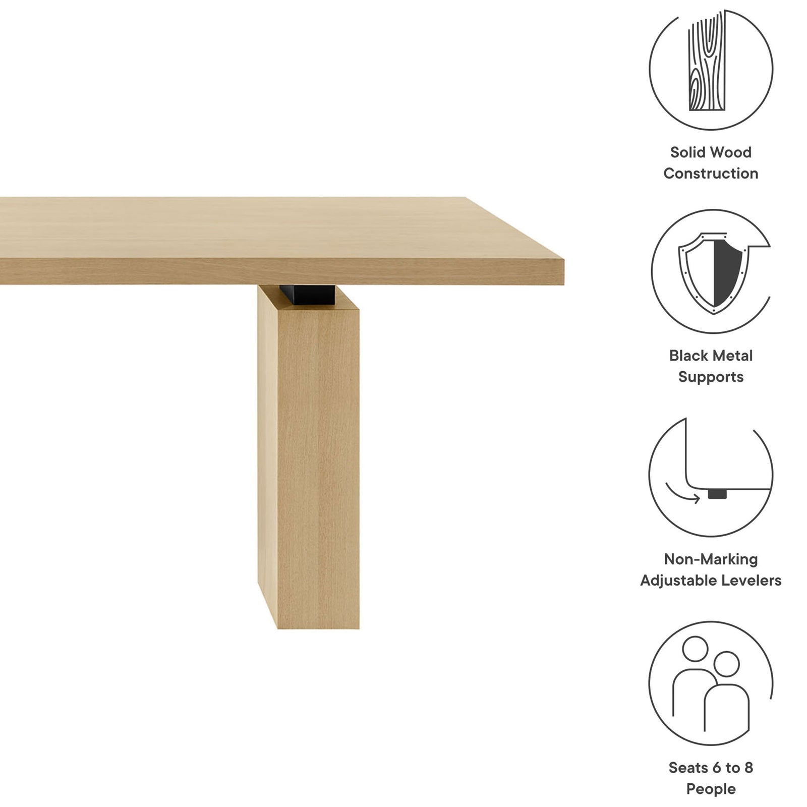 Feature graphic highlighting solid wood construction, black metal supports, and adjustable levelers || EEI-7173-NAT || callout_studio