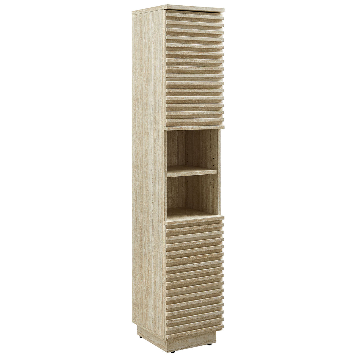 Slim faux travertine linen cabinet with textured slatted doors and central open shelves || EEI-7178-TRA || front_angle_studio