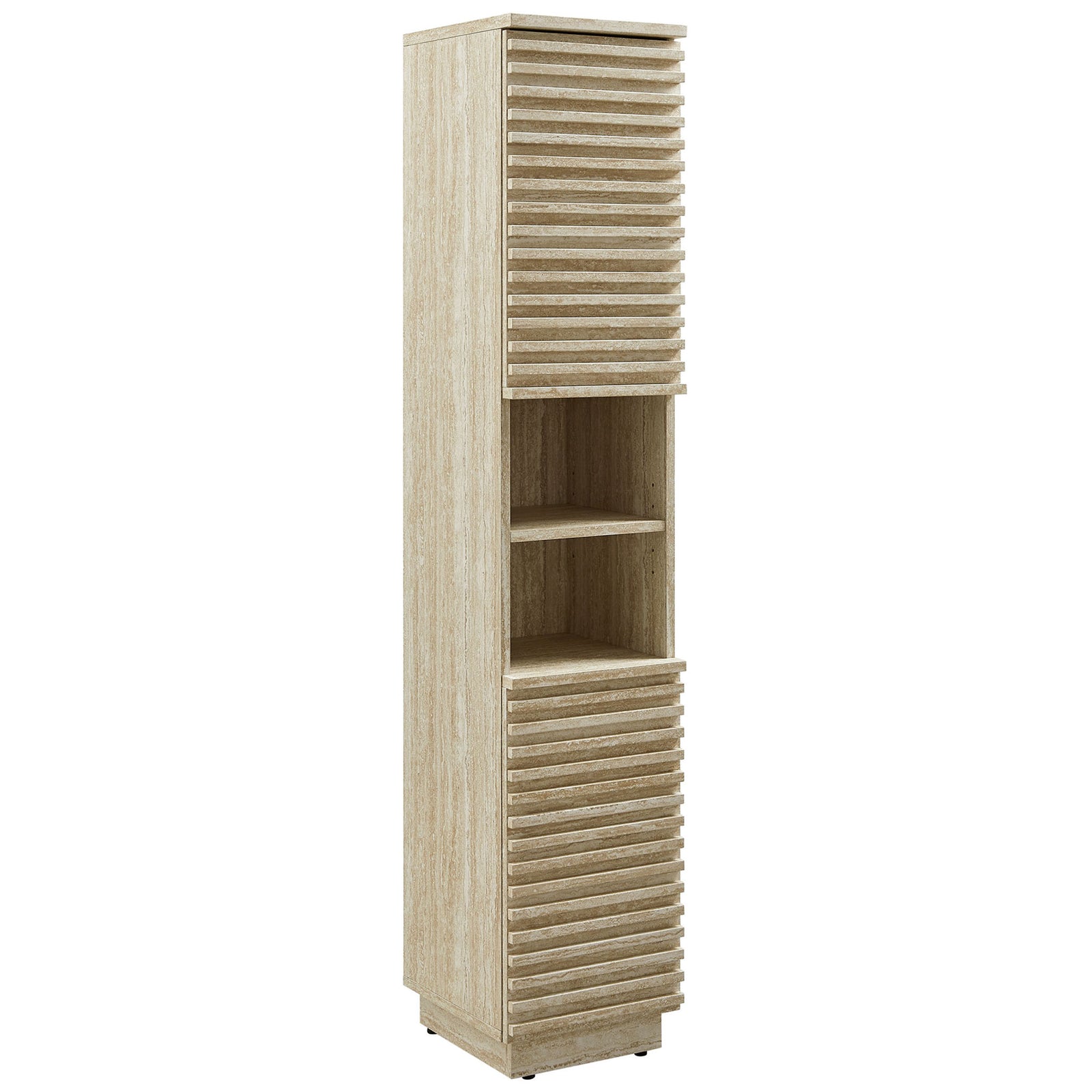 Slim faux travertine linen cabinet with textured slatted doors and central open shelves || EEI-7178-TRA || front_angle_studio