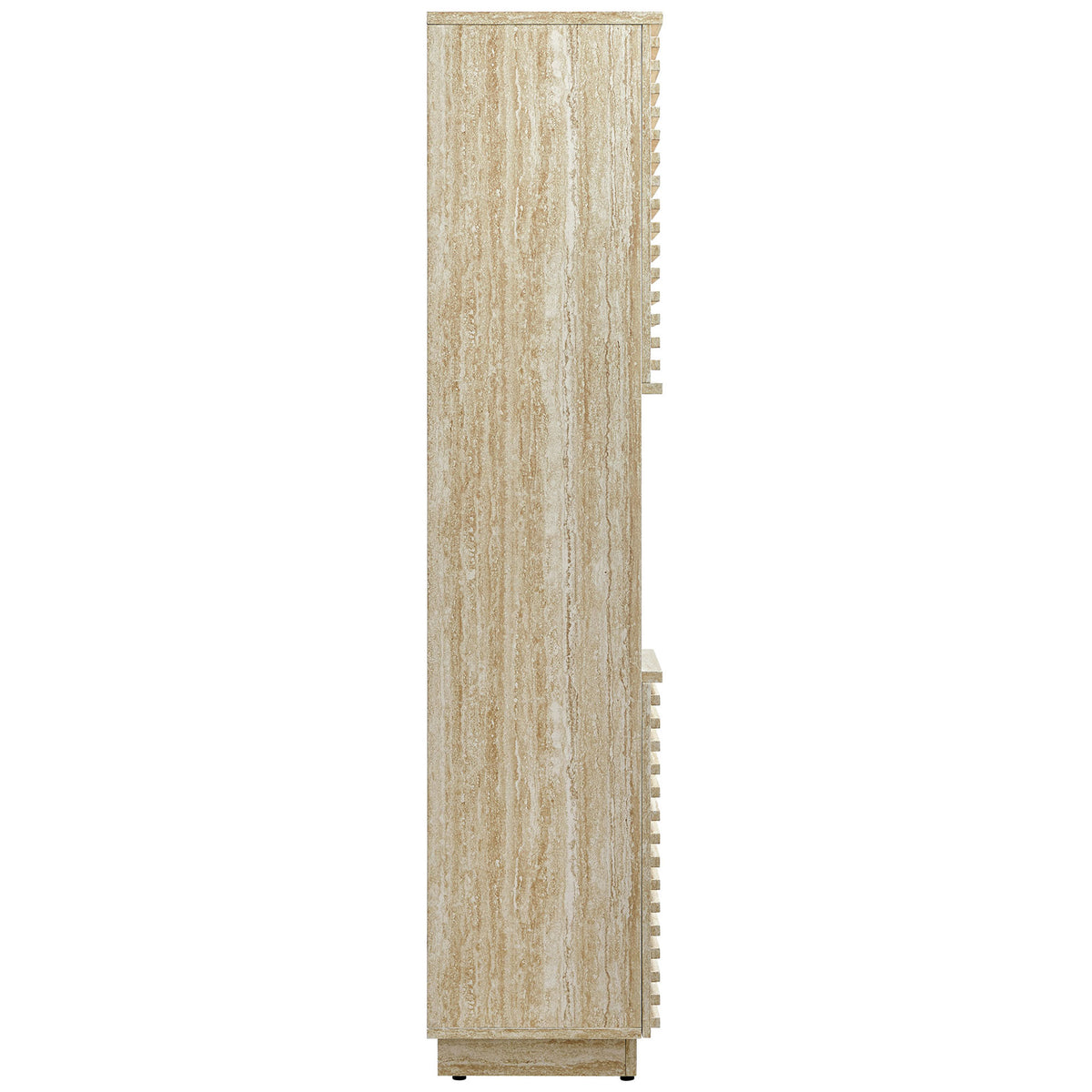 Streamlined design showcases the faux travertine grain and plinth base of this tall narrow cabinet || EEI-7178-TRA || side_studio