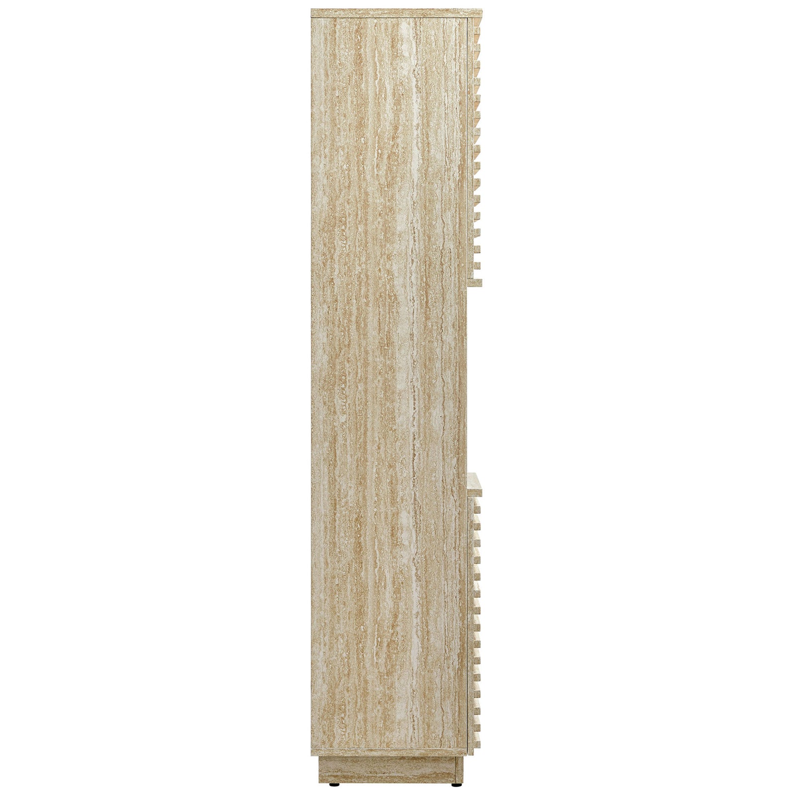 Streamlined design showcases the faux travertine grain and plinth base of this tall narrow cabinet || EEI-7178-TRA || side_studio