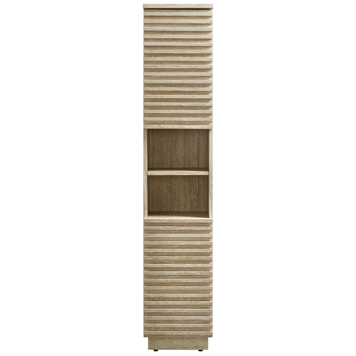 Tall faux travertine cabinet with slatted doors and dual open shelves for sleek, organized storage || EEI-7178-TRA || front_studio