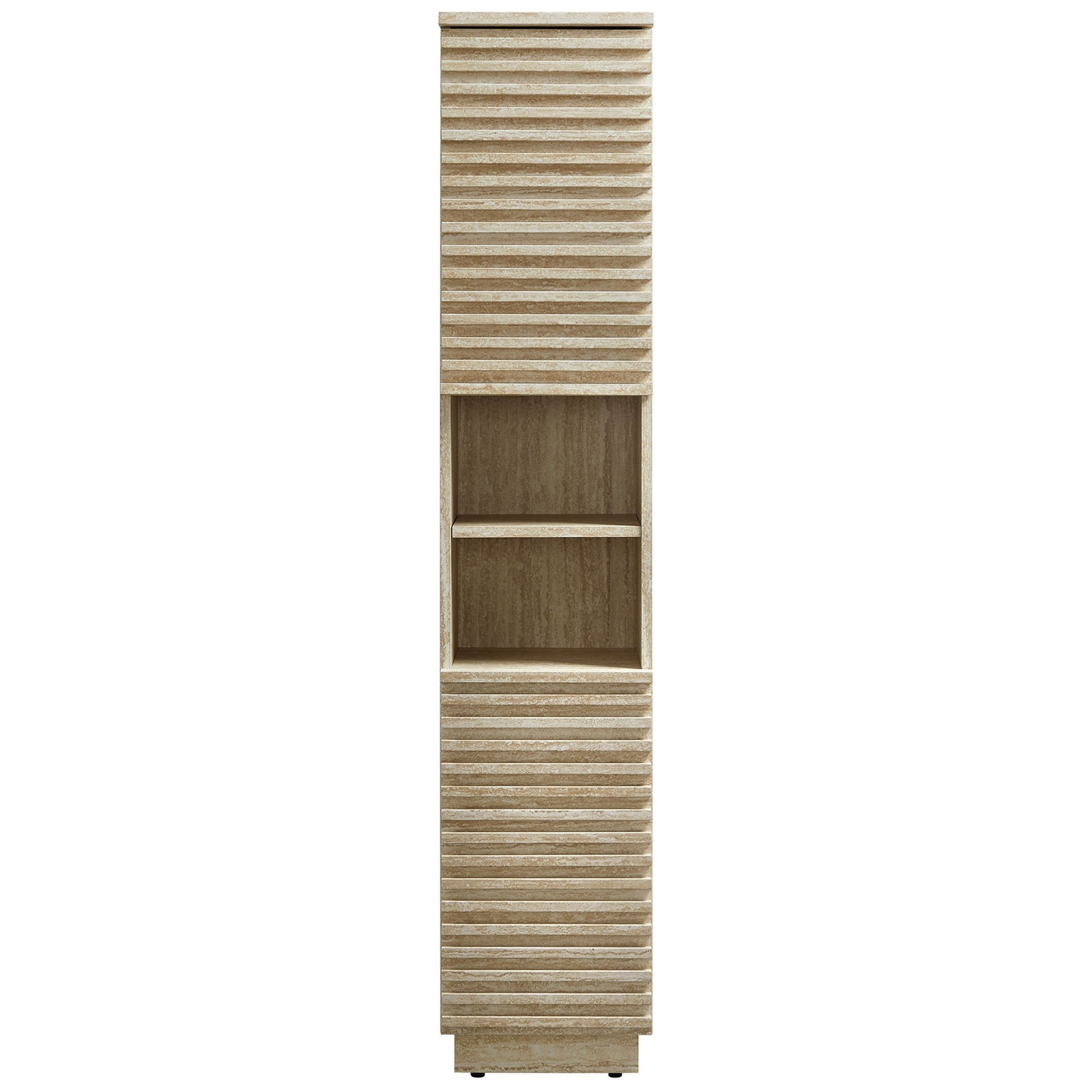Tall faux travertine cabinet with slatted doors and dual open shelves for sleek, organized storage || EEI-7178-TRA || front_studio