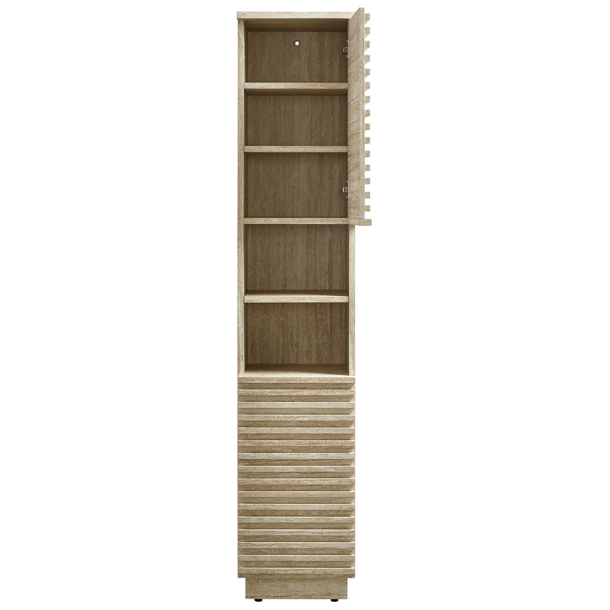 Door opens to reveal adjustable interior shelves for customizable linen and bath storage || EEI-7178-TRA || front_open_studio