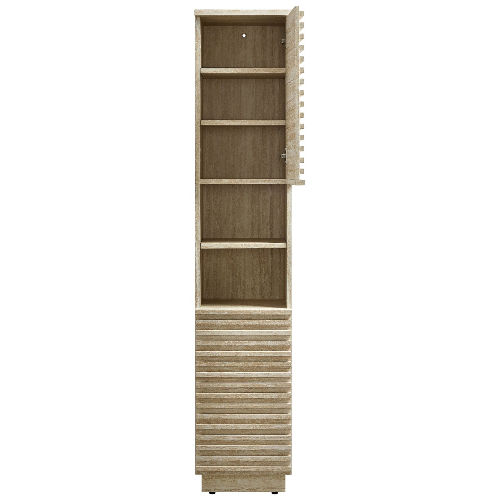Door opens to reveal adjustable interior shelves for customizable linen and bath storage || EEI-7178-TRA || front_open_studio
