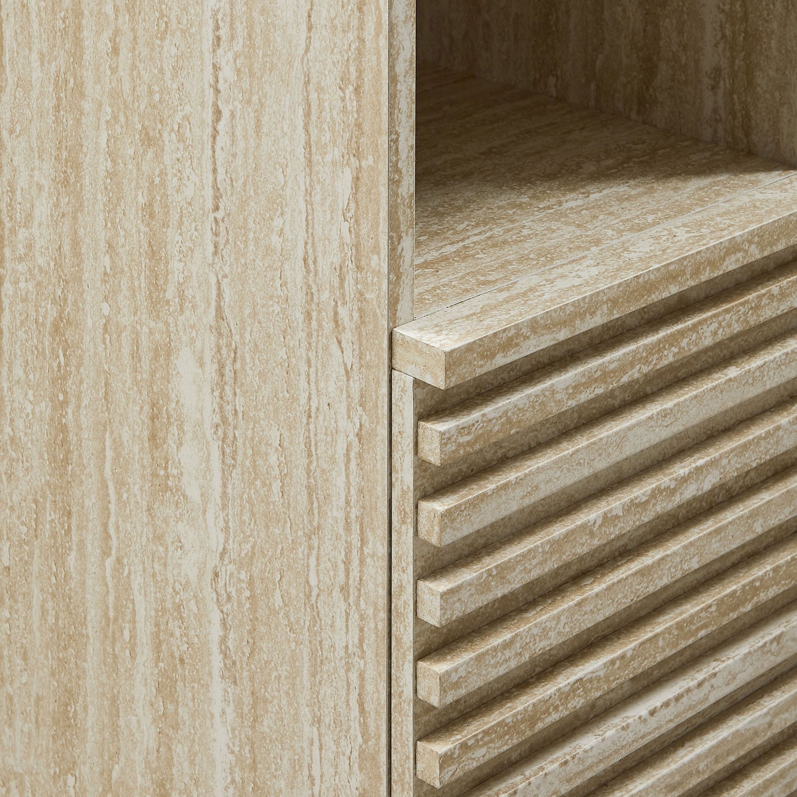 Faux travertine surface paired with sculpted slatted door detailing for mid-century texture || EEI-7178-TRA || detail_studio