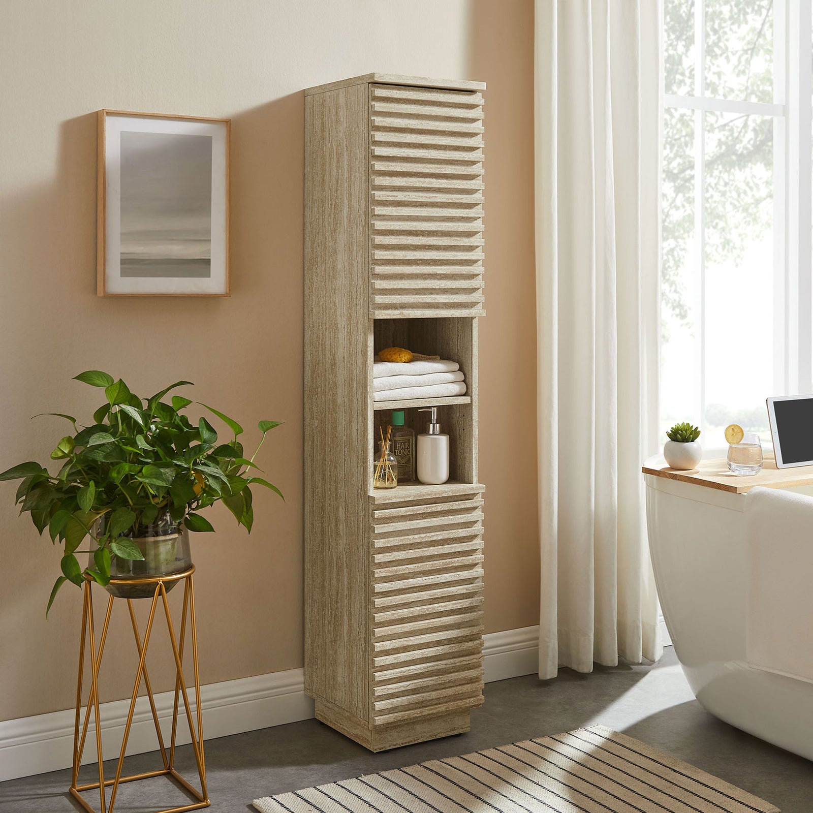 Faux travertine linen cabinet brings warm texture and open shelving to a bright, modern bathroom || EEI-7178-TRA || front_angle_room