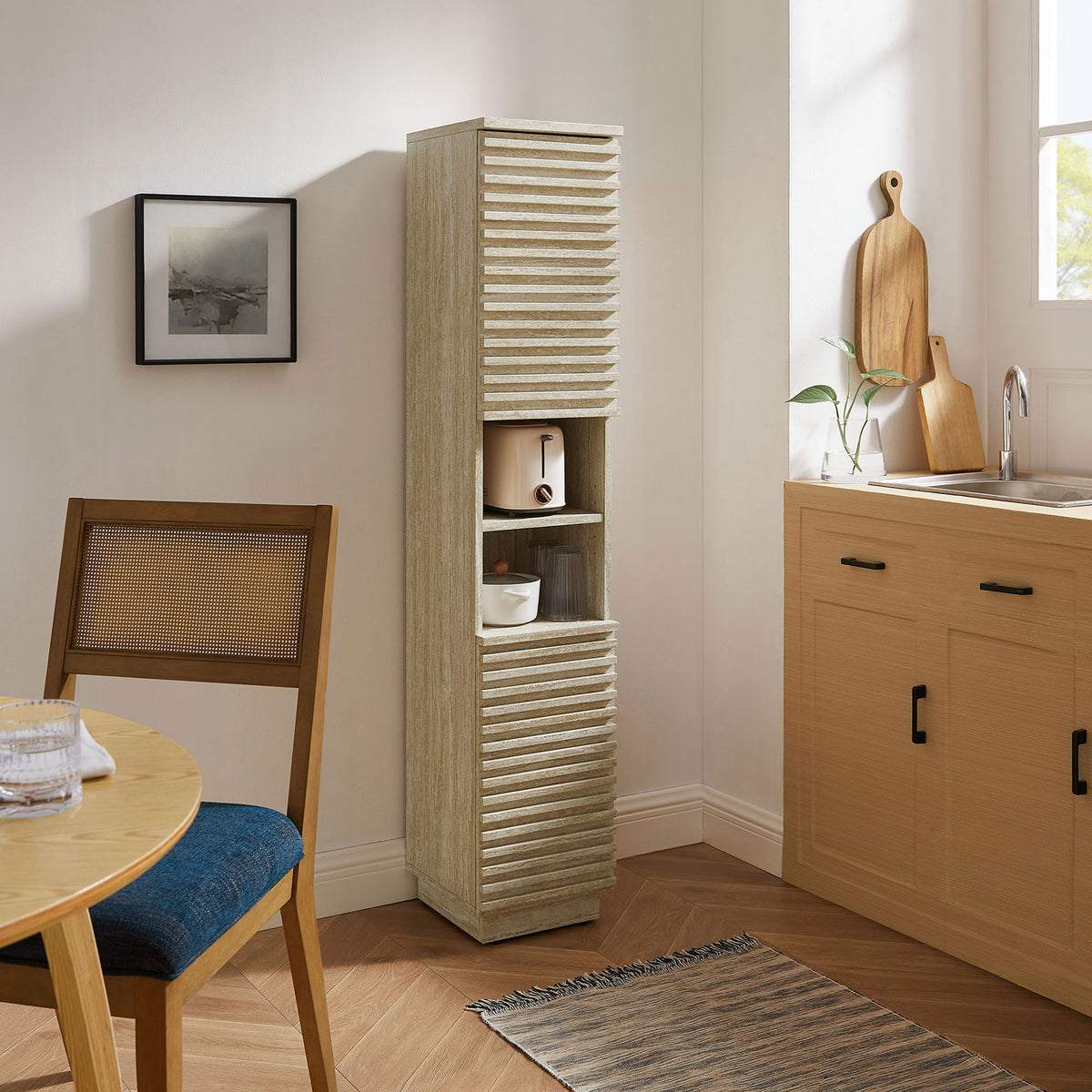 Versatile faux travertine storage cabinet adds mid-century texture and tidy organization to kitchens || EEI-7178-TRA || front_angle_room