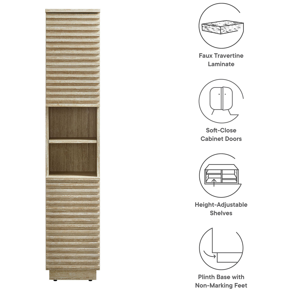 Key features include faux travertine laminate, adjustable shelves, soft-close doors, and floor-protecting glides || EEI-7178-TRA || callout_studio