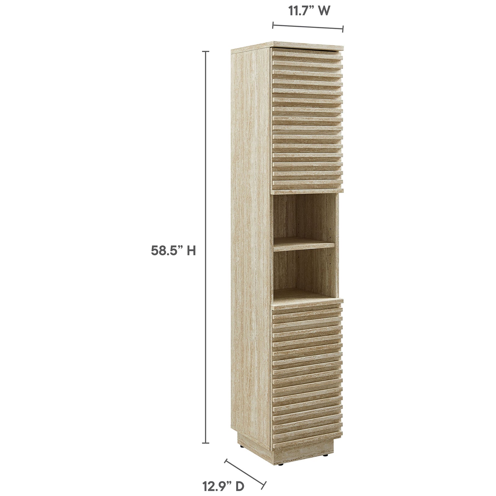 Compact, space-saving linen cabinet with generous vertical storage for towels and everyday essentials || EEI-7178-TRA || dimension_studio