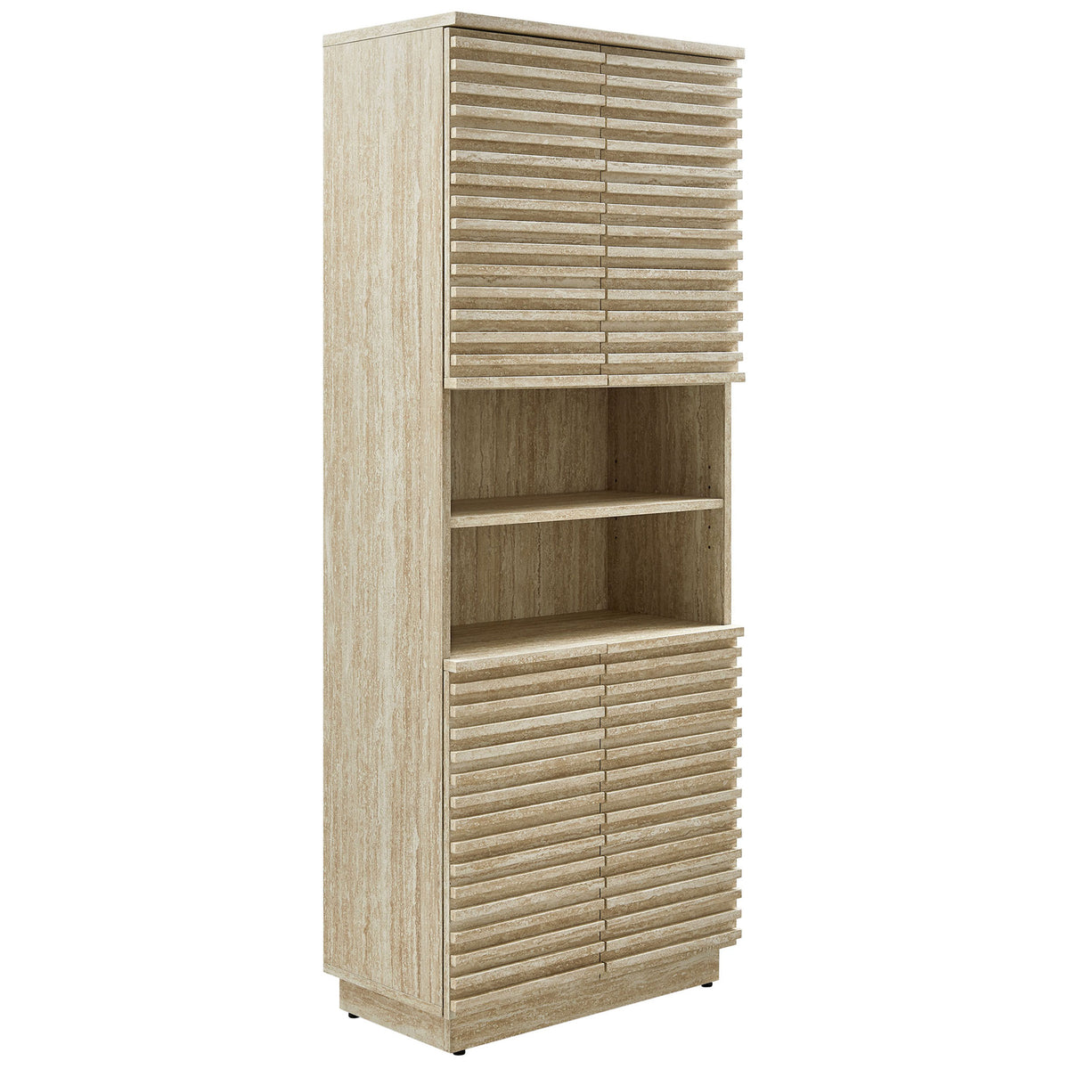 Sleek travertine-look cabinet with sculpted slat fronts and a plinth base || EEI-7179-TRA || front_angle_studio