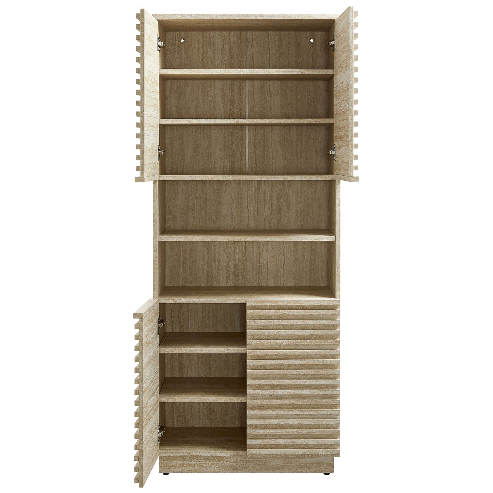 Doors open to reveal adjustable shelves for towels, toiletries, and more || EEI-7179-TRA || front_open_studio