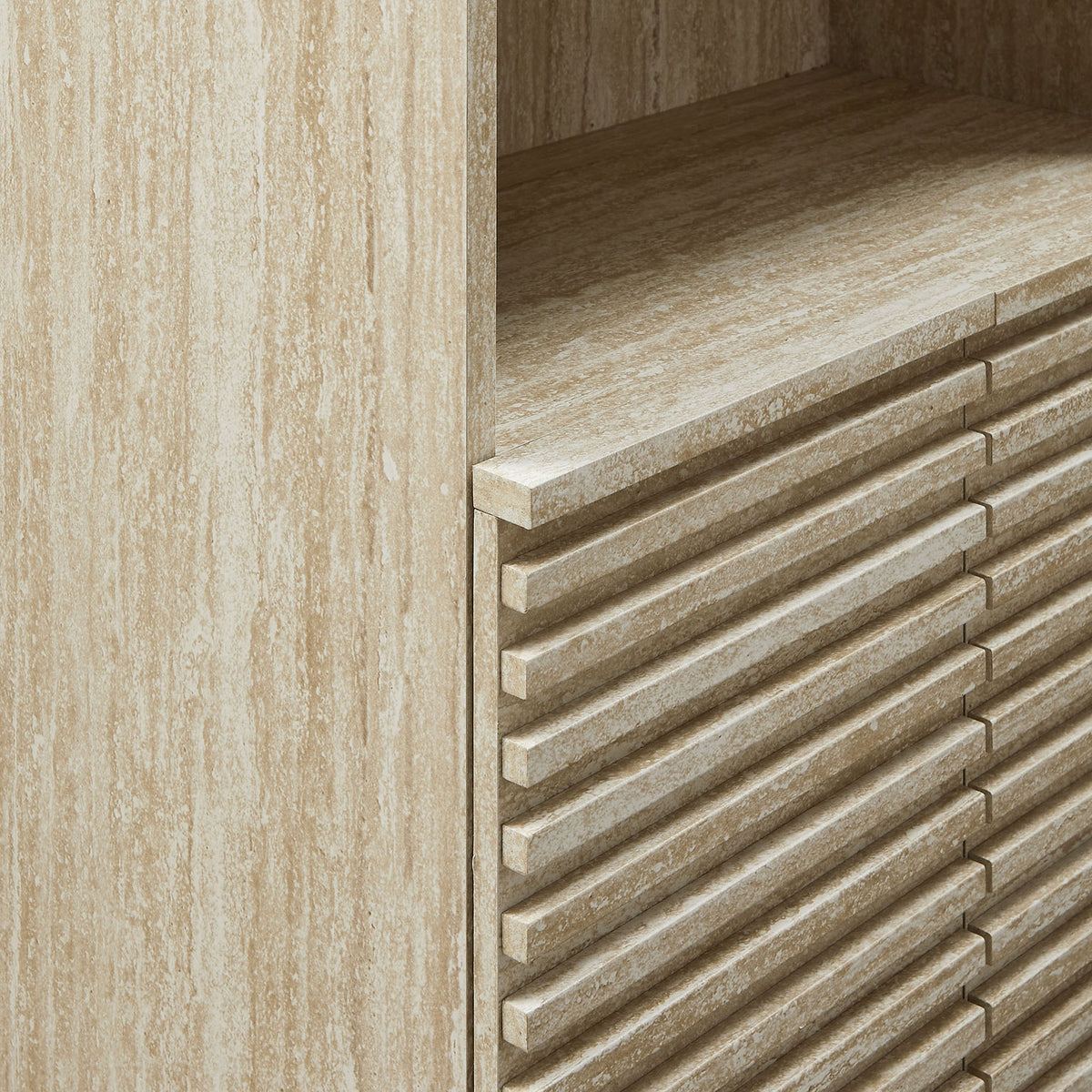 Textured slatted door fronts and durable faux travertine finish || EEI-7179-TRA || detail_studio