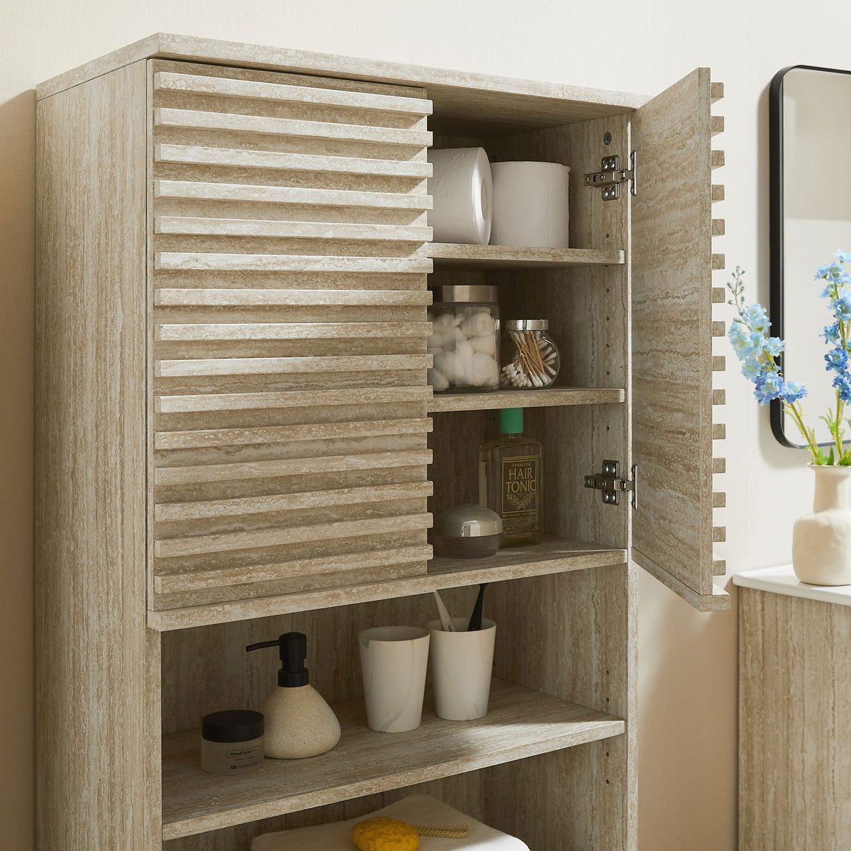 Upper cabinet with door open, organizing daily essentials on adjustable shelves || EEI-7179-TRA || storage_open_room
