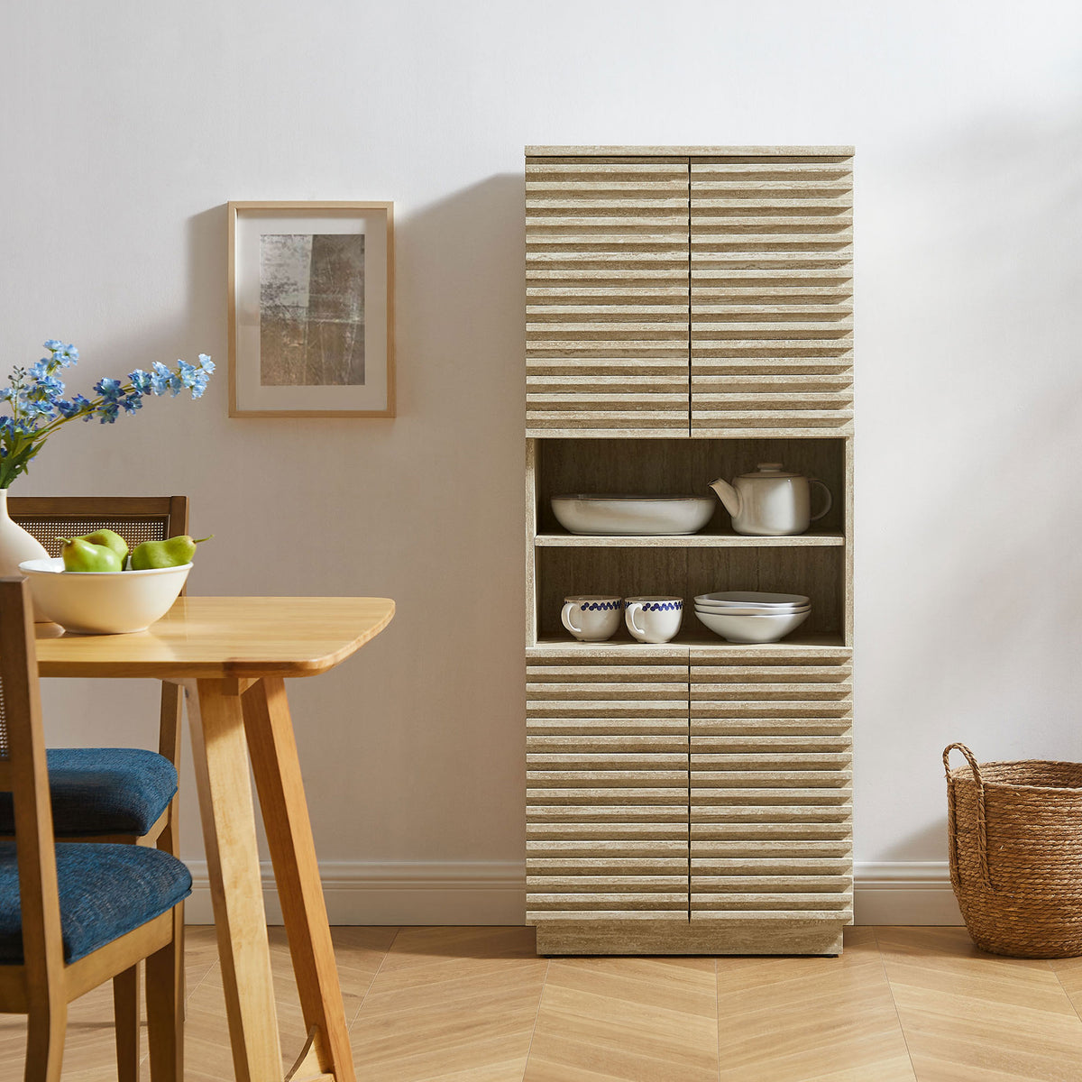 Travertine-look linen cabinet complements modern decor in a bright interior || EEI-7179-TRA || front_room