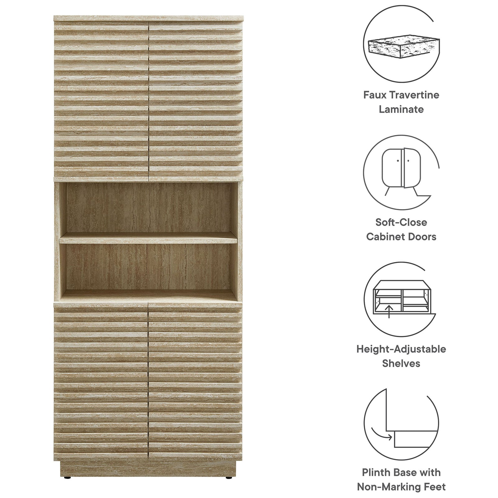 Feature highlights show faux travertine, soft-close doors, adjustable shelves, and plinth base || EEI-7179-TRA || callout_studio