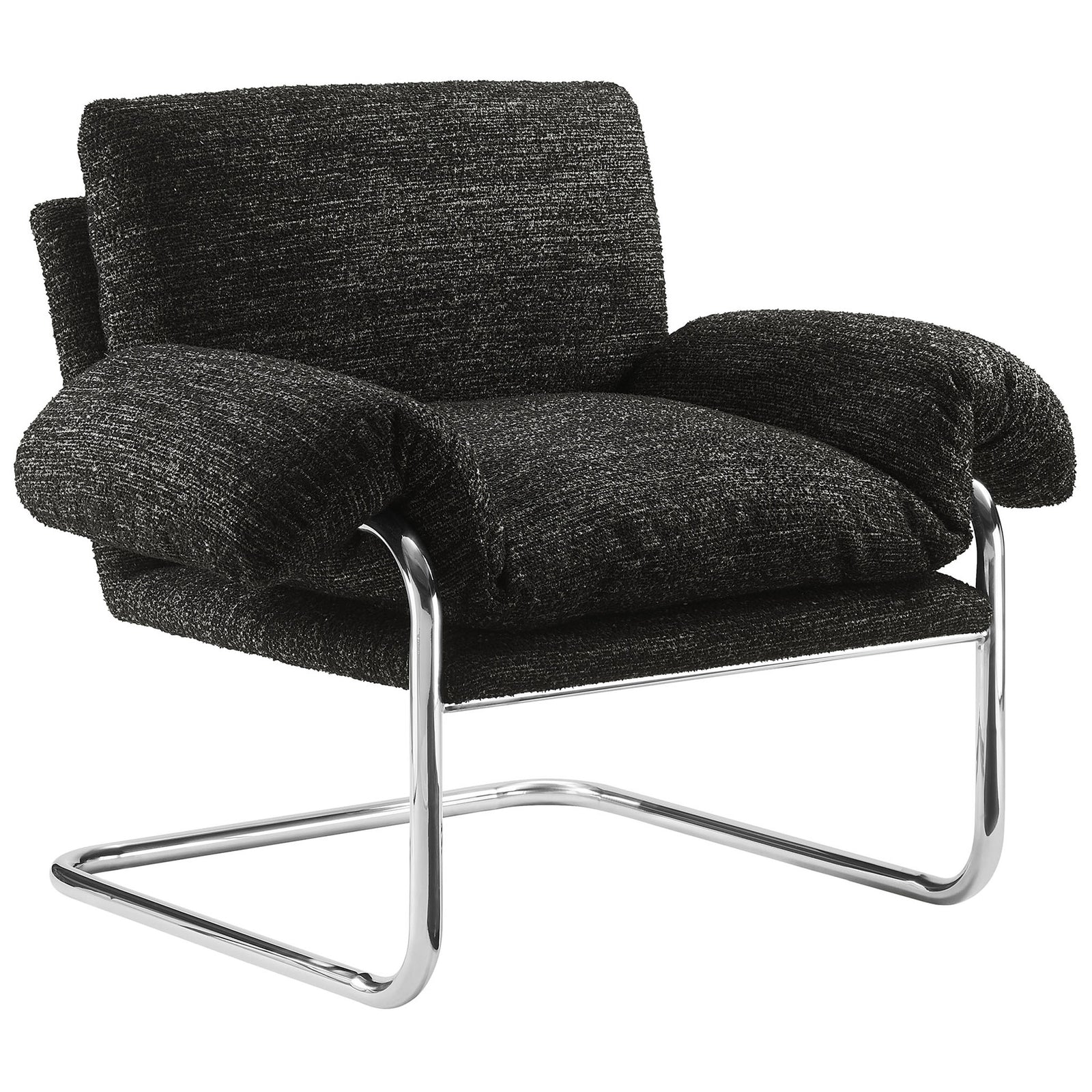Inviting boucle armchair with overstuffed cushion hugging the arms and gleaming cantilevered steel frame || EEI-7180-CHA || front_angle_studio