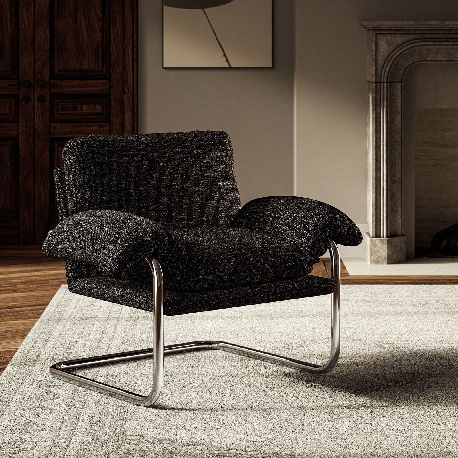 Modern accent chair adds vintage charm with draped cushioning and polished steel in a warm living room setting || EEI-7180-CHA || front_angle_room