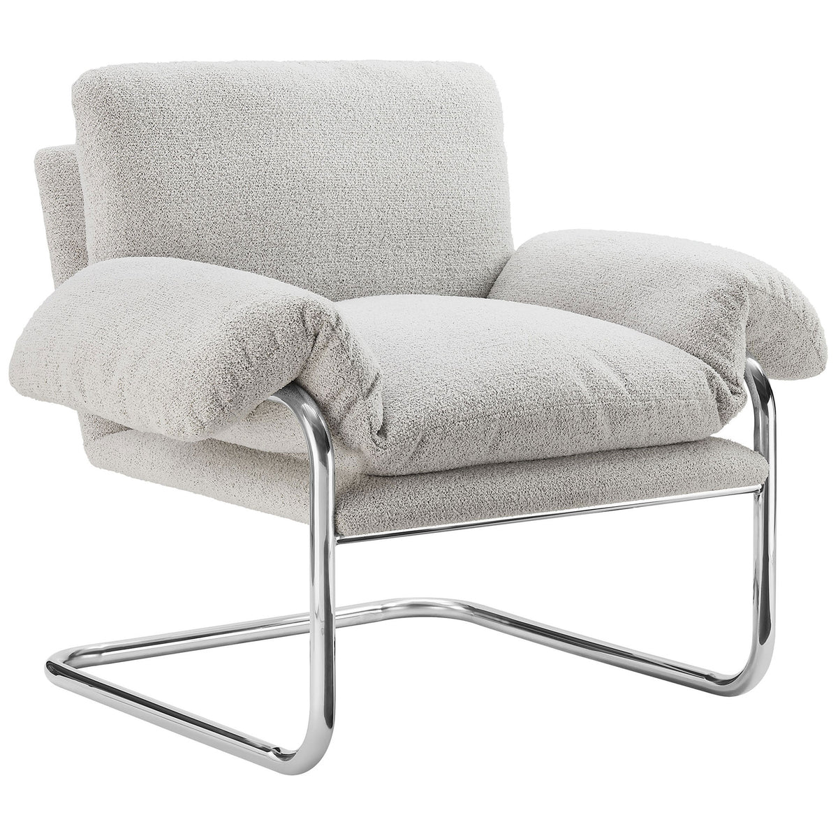Modern accent chair blends soft boucle upholstery with a gleaming tubular steel frame. || EEI-7180-NPT || front_angle_studio